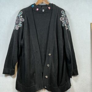 Vintage 80s 2 Pc Cardigan Sweater Set Black XL Beaded Embellished Bling PartyGem